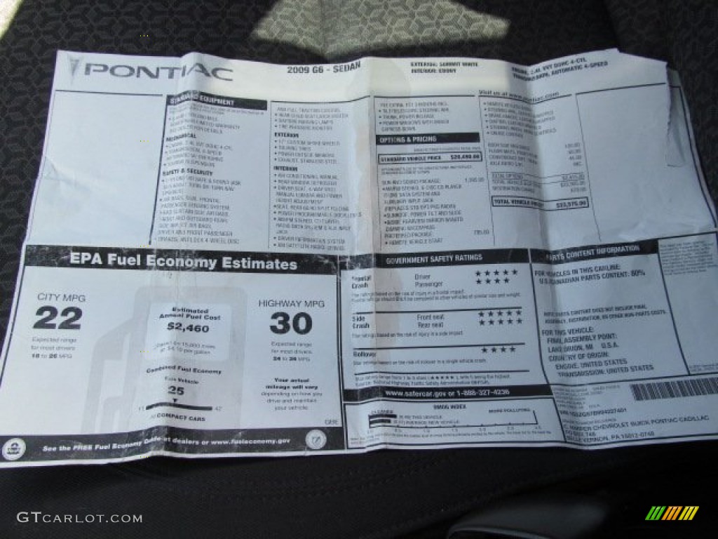 2009 Pontiac G6 Sedan Window Sticker Photos