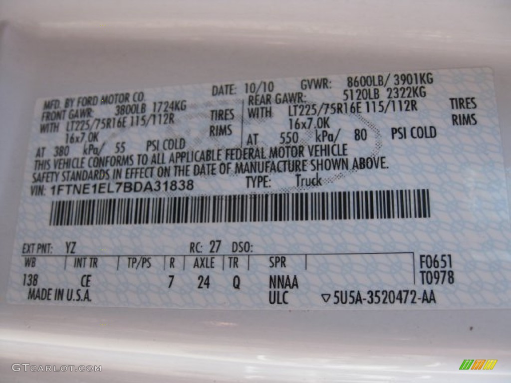 2011 Ford E Series Van E150 XL Cargo Color Code Photos