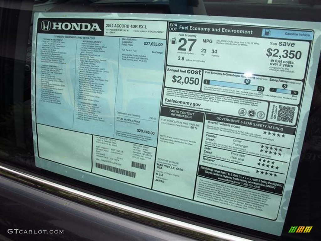 2012 Honda Accord EX-L Sedan Window Sticker Photo #67303526