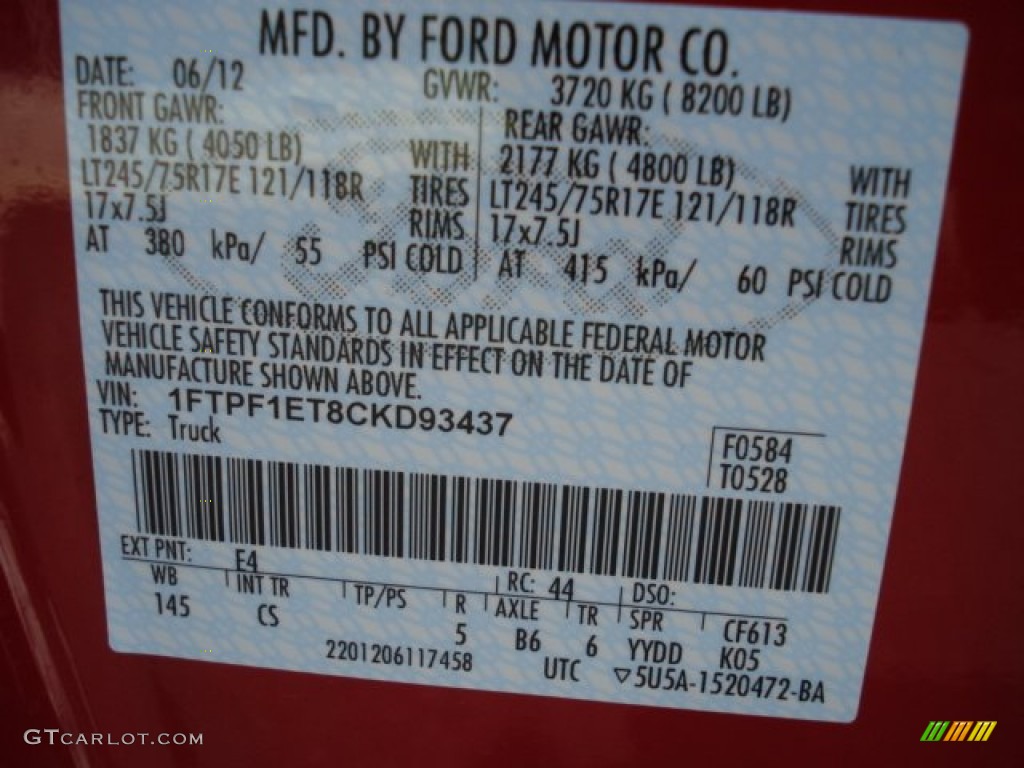 2012 F150 Color Code E4 for Vermillion Red Photo #67338398