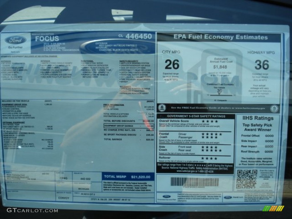 2012 Ford Focus SE Sport Sedan Window Sticker Photo #67338641
