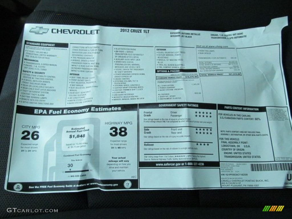 2012 Chevrolet Cruze LT/RS Window Sticker Photo #67344467