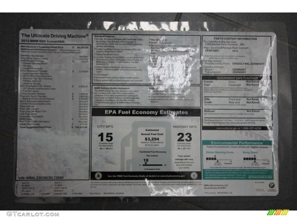 2012 BMW 6 Series 650i Convertible Window Sticker Photos
