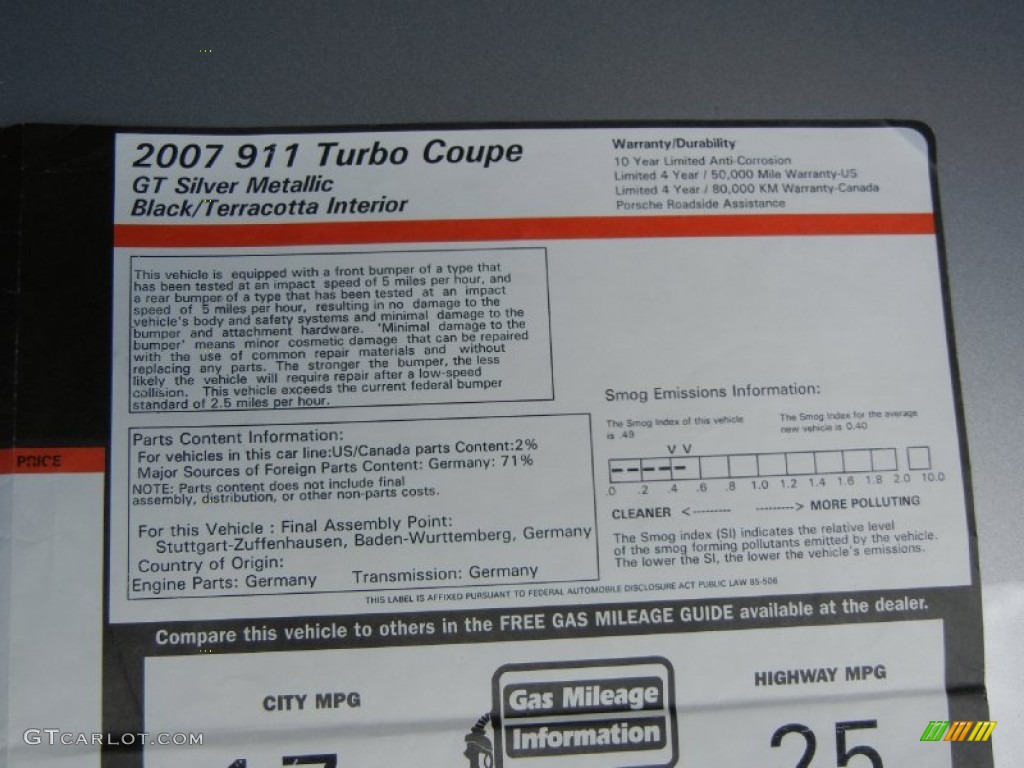 2007 Porsche 911 Turbo Coupe Window Sticker Photo #67353077