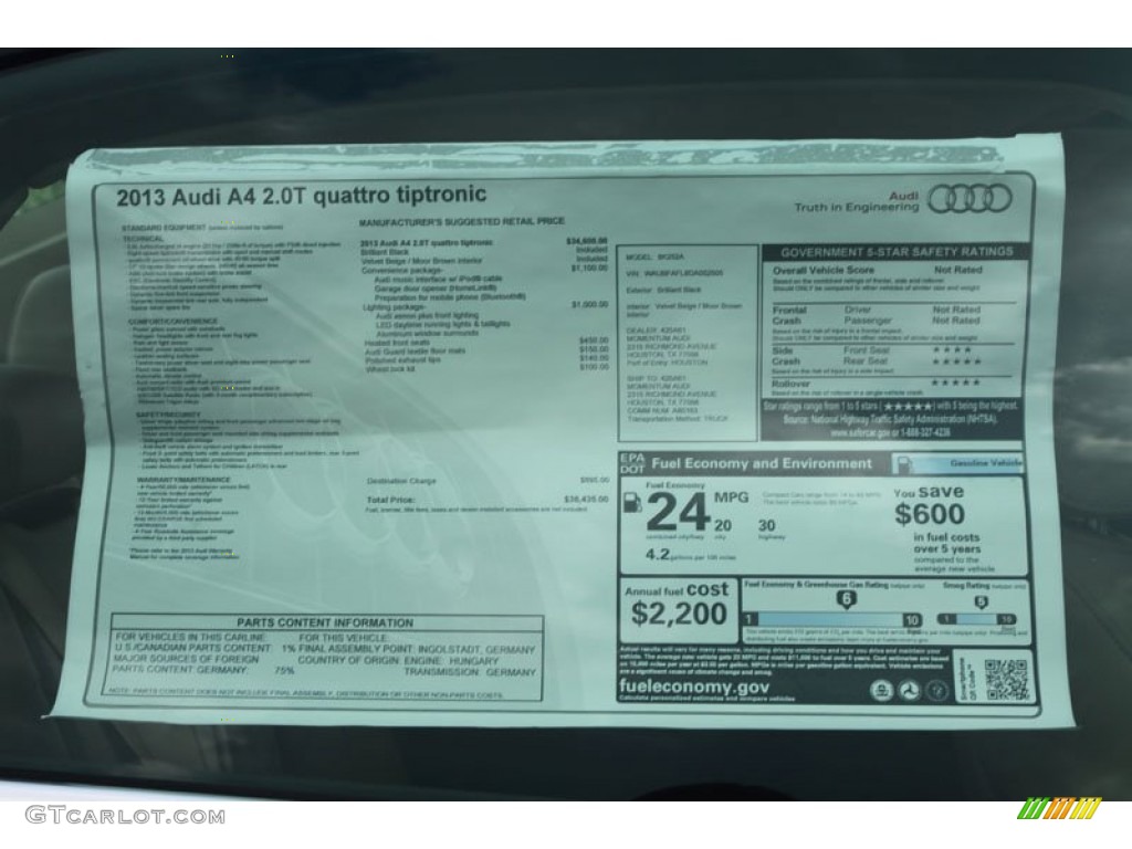 2013 Audi A4 2.0T quattro Sedan Window Sticker Photo #67356632