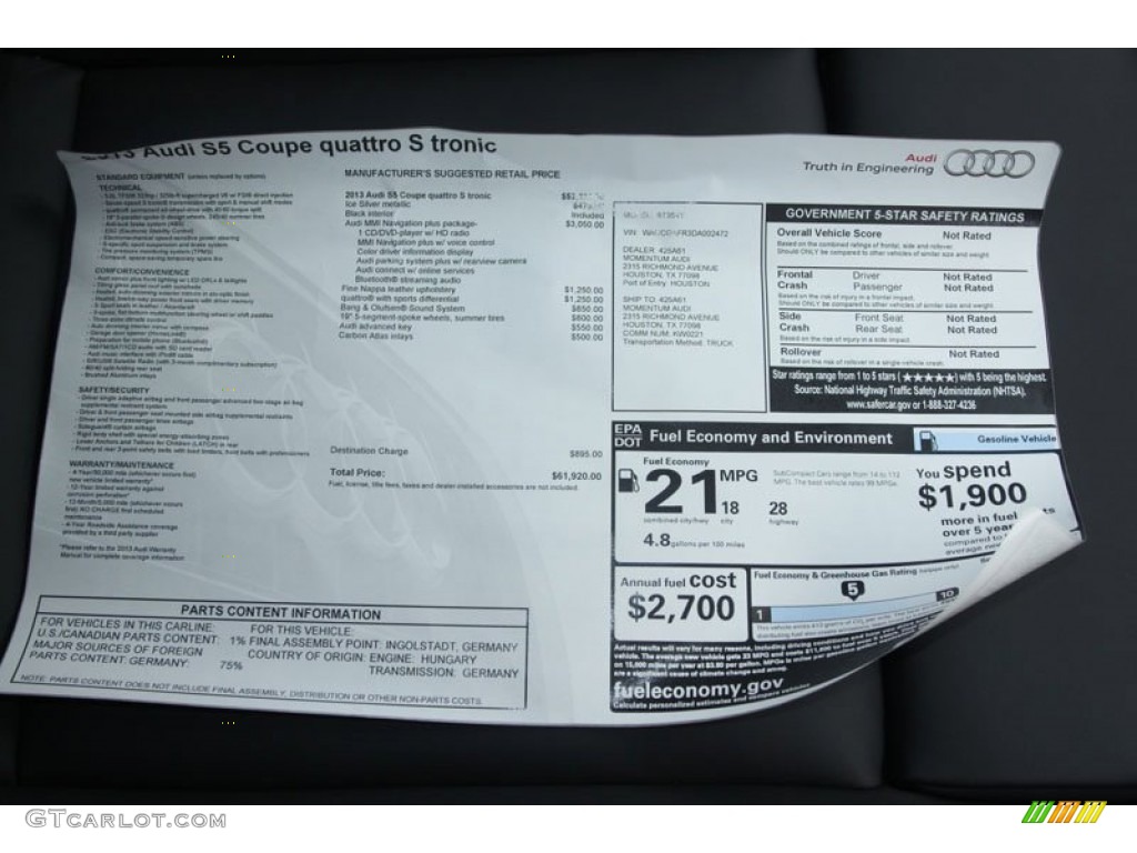 2013 Audi S5 3.0 TFSI quattro Coupe Window Sticker Photo #67356887
