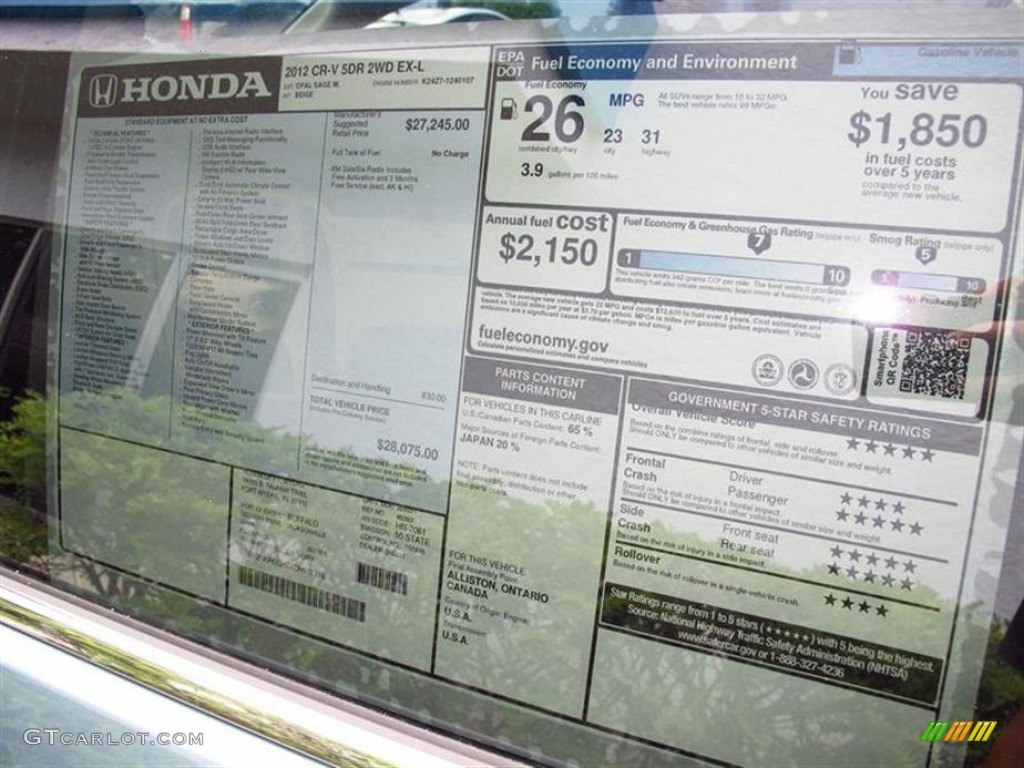 2012 Honda CR-V EX-L Window Sticker Photo #67369241