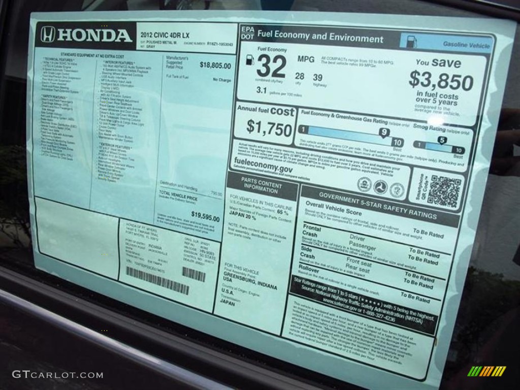 2012 Civic LX Sedan - Polished Metal Metallic / Gray photo #9