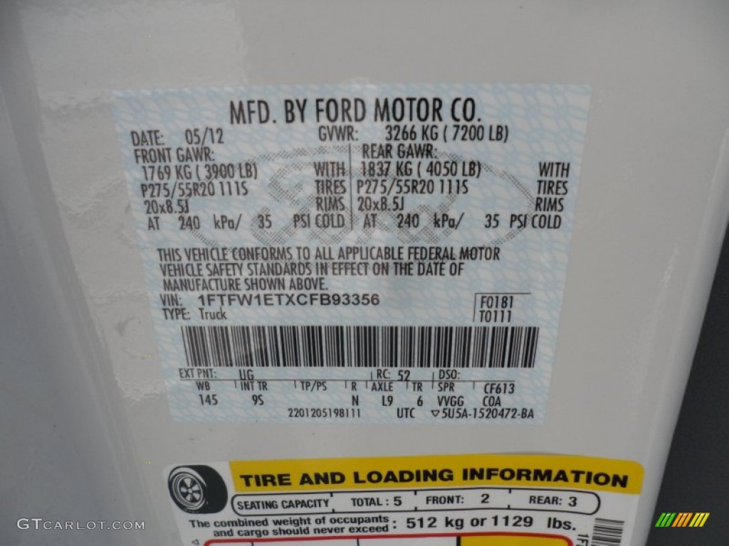 2012 F150 Color Code UG for White Platinum Metallic Tri-Coat Photo #67370942