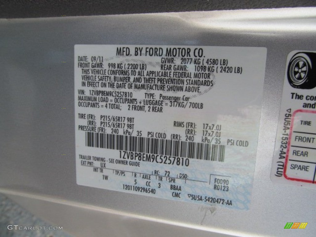 2012 Mustang Color Code UX for Ingot Silver Metallic Photo #67380005