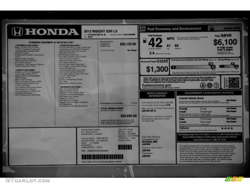 2012 Honda Insight LX Hybrid Window Sticker Photo #67383323