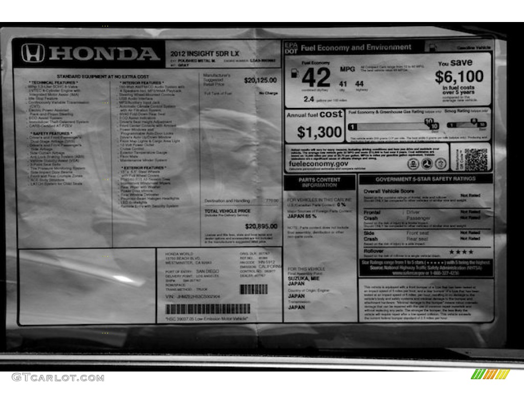 2012 Honda Insight LX Hybrid Window Sticker Photo #67383401