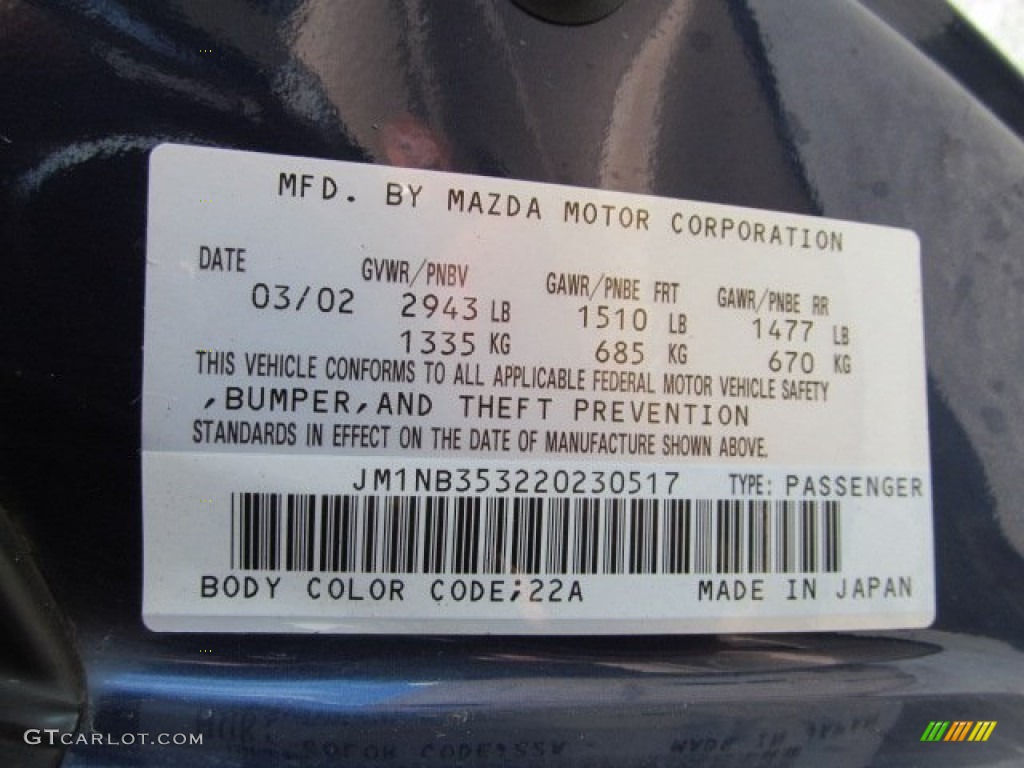 2002 MX-5 Miata Color Code 22A for Midnight Blue Mica Photo #67437129