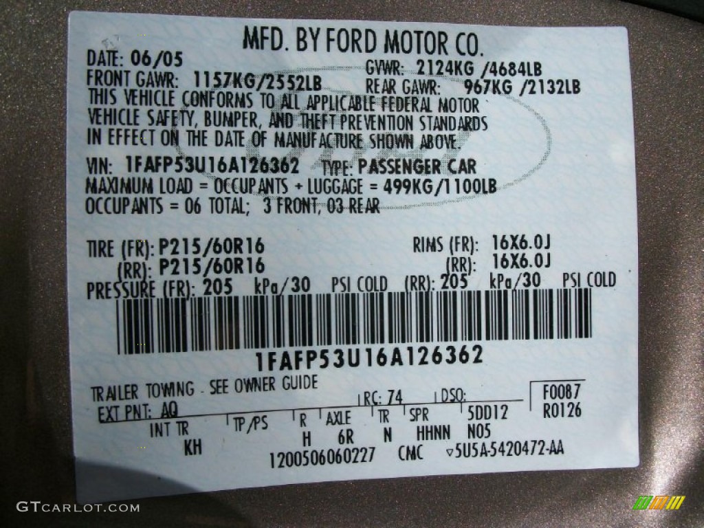 2006 Taurus Color Code AQ for Arizona Beige Metallic Photo #67469668