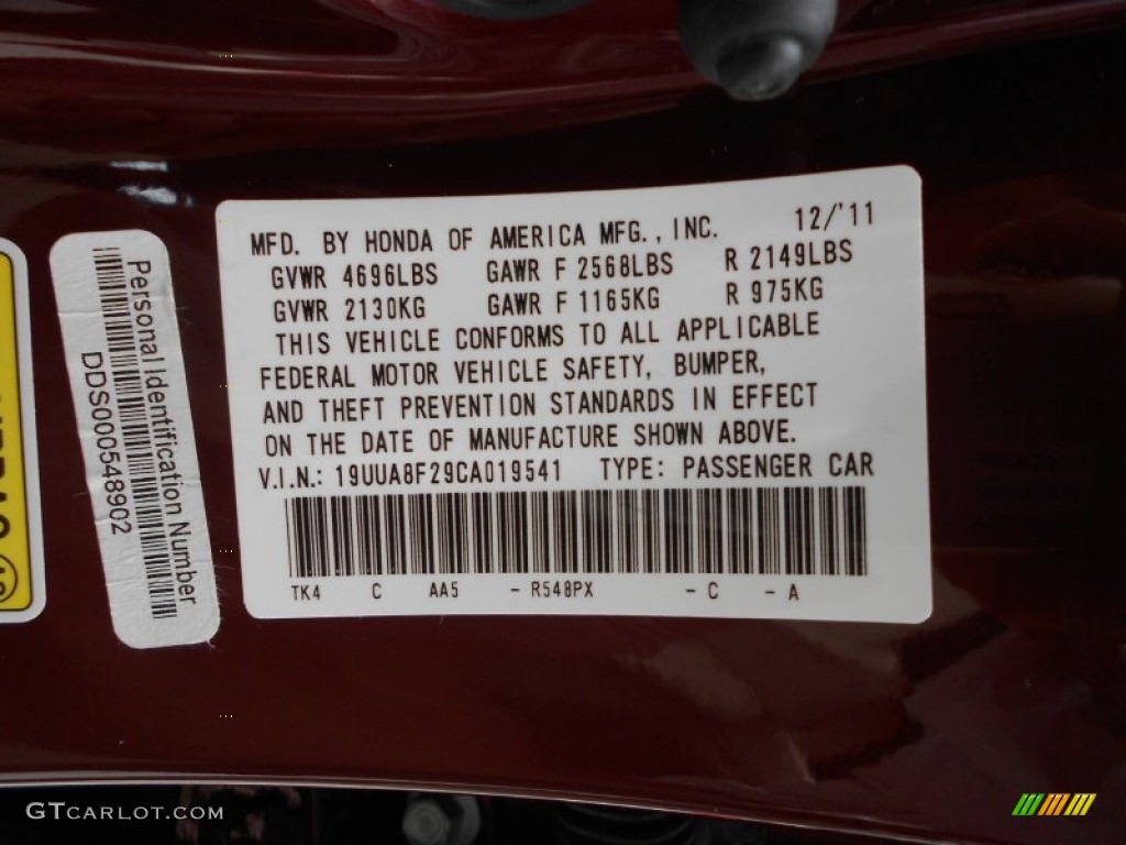 2012 TL Color Code R548PX for Basque Red Pearl Photo #67475755