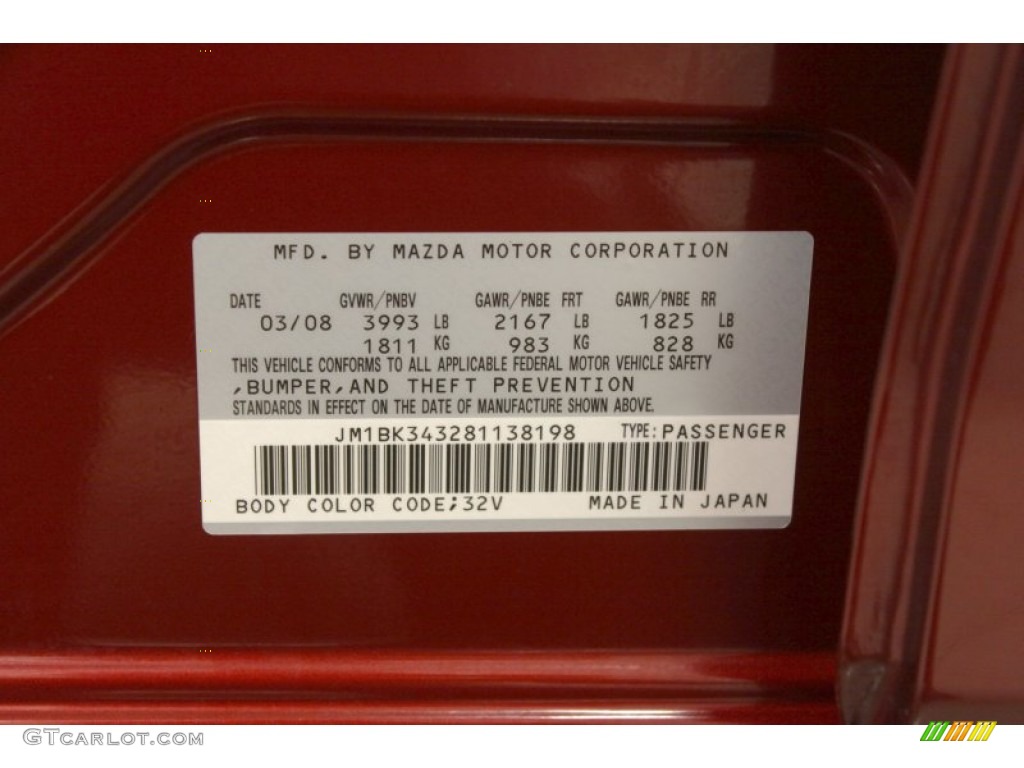 2008 MAZDA3 Color Code 32V for Copper Red Mica Photo #67476964
