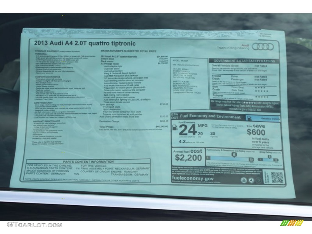 2013 Audi A4 2.0T quattro Sedan Window Sticker Photo #67514141