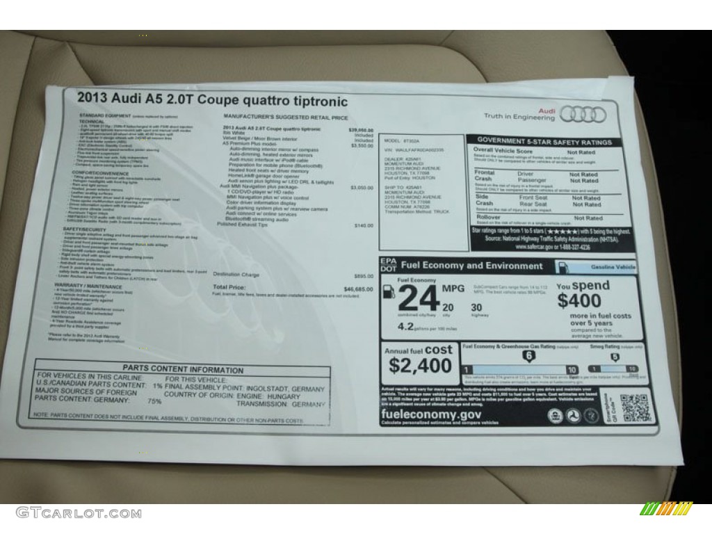 2013 Audi A5 2.0T quattro Coupe Window Sticker Photo #67515380