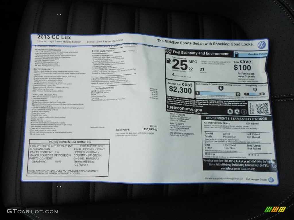 2013 Volkswagen CC Lux Window Sticker Photo #67522112