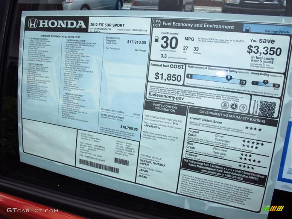 2012 Honda Fit Sport Window Sticker Photo #67528721