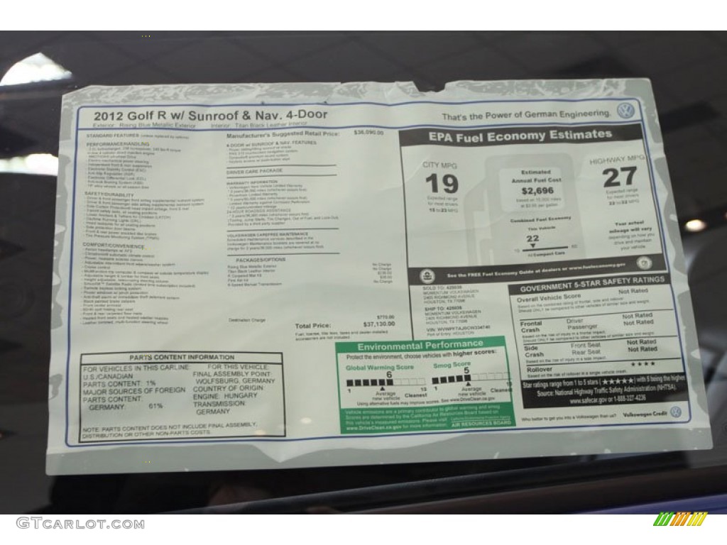 2012 Volkswagen Golf R 4 Door 4Motion Window Sticker Photo #67569712