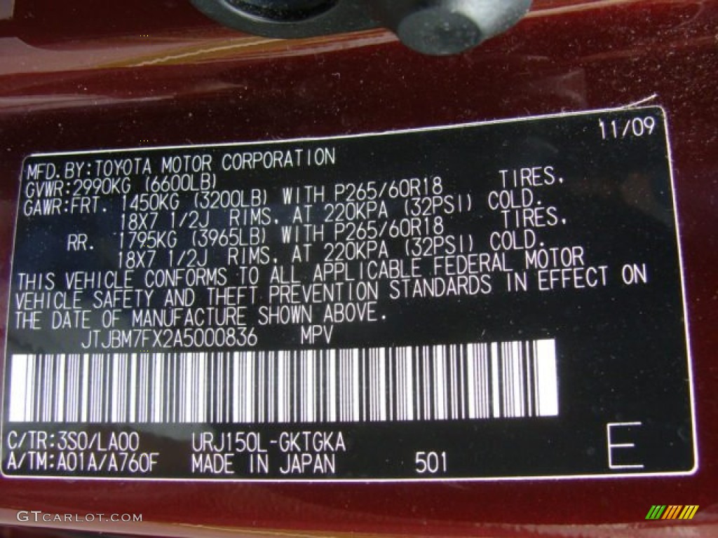2010 GX Color Code 3S0 for Claret Red Pearl Photo #67575120