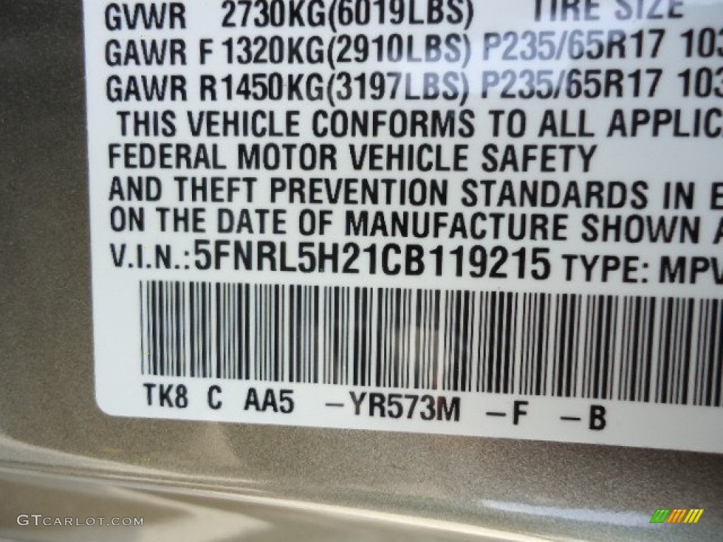 2012 Odyssey Color Code YR573M for Mocha Metallic Photo #67582387
