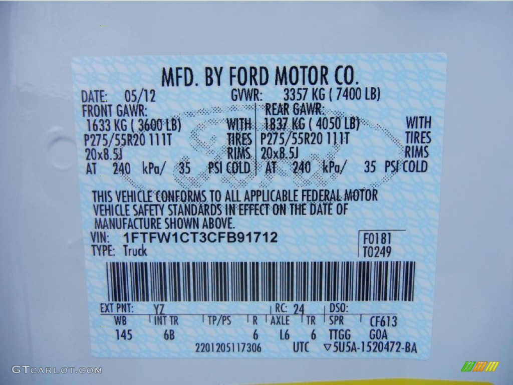 2012 F150 Color Code YZ for Oxford White Photo #67588963