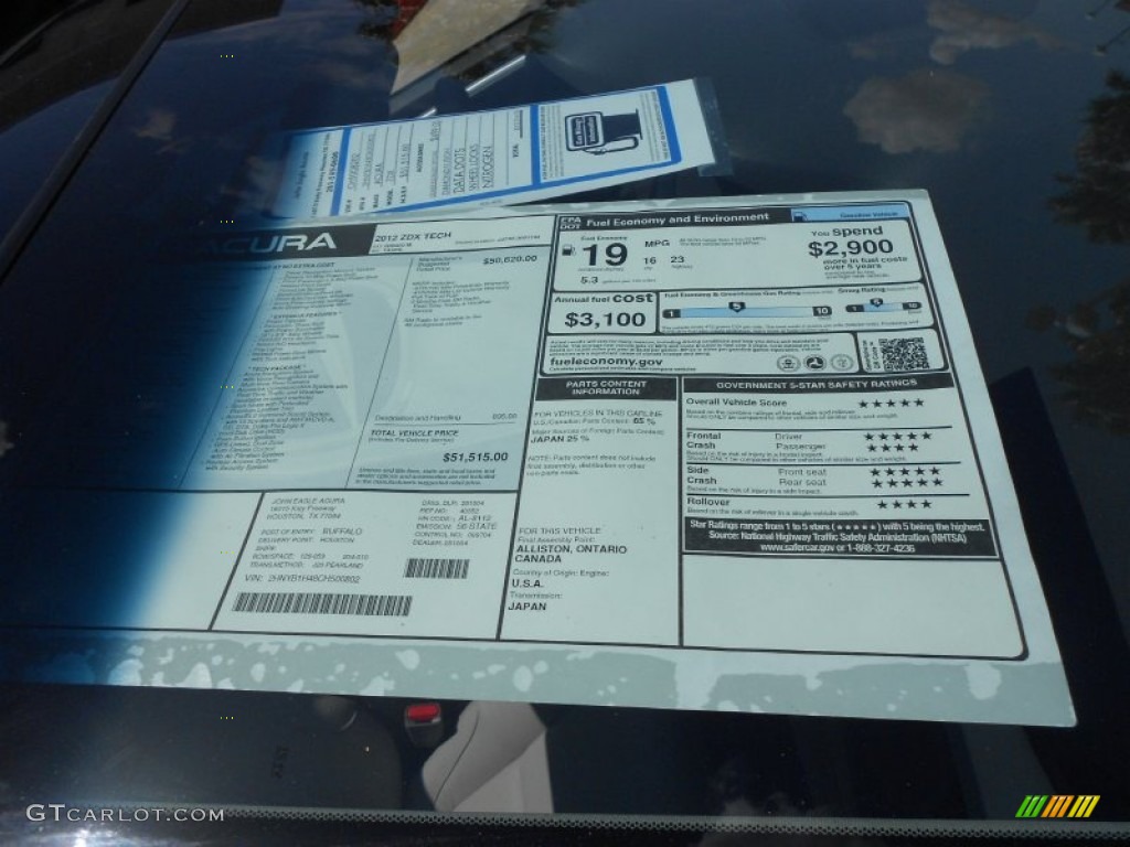 2012 Acura ZDX SH-AWD Technology Window Sticker Photo #67618782