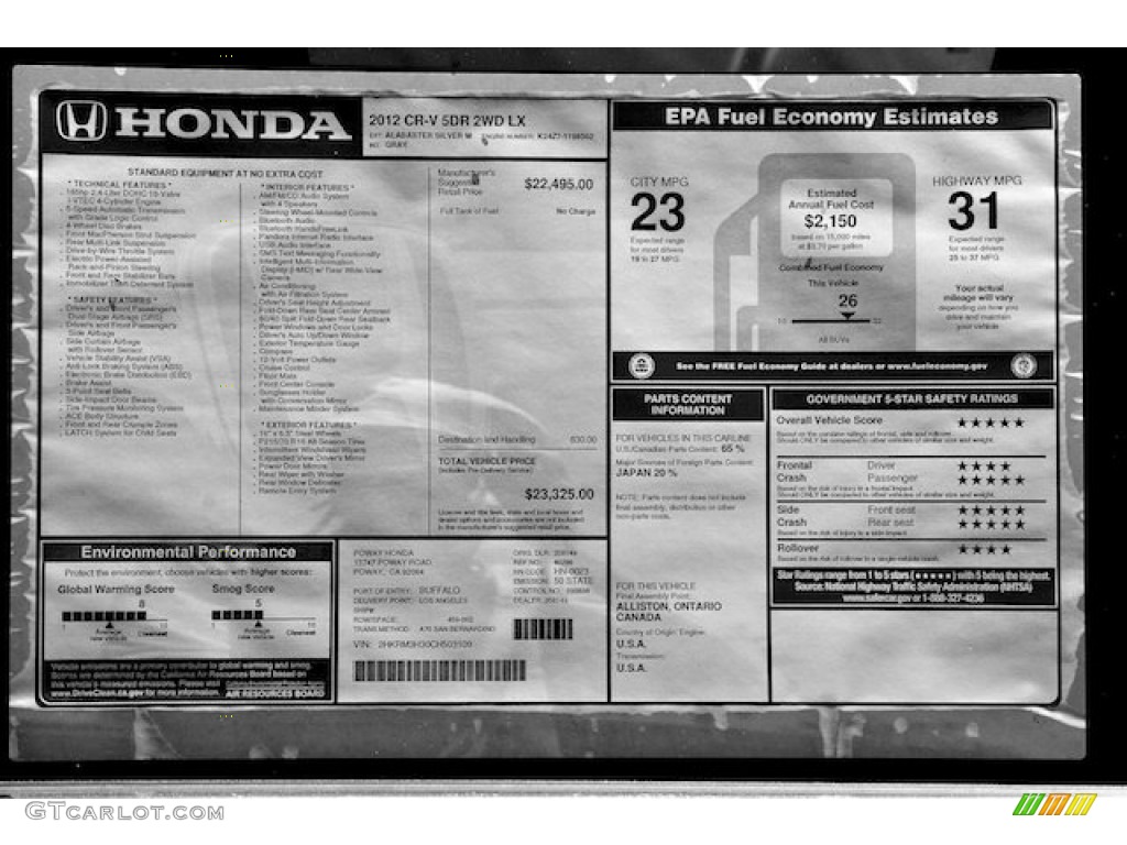 2012 Honda CR-V LX Window Sticker Photo #67633350
