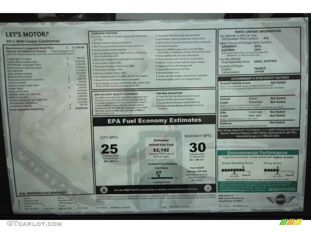 2012 Mini Cooper Countryman Window Sticker Photo #67660207