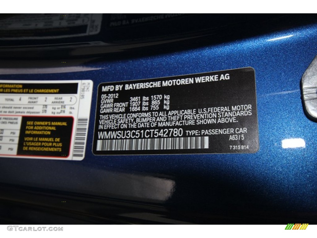 2012 Cooper Color Code A63 for Lightning Blue Metallic Photo #67661038