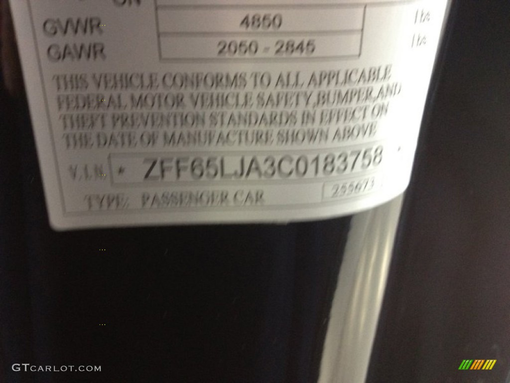 2012 Ferrari California Standard California Model Info Tag Photo #67661641