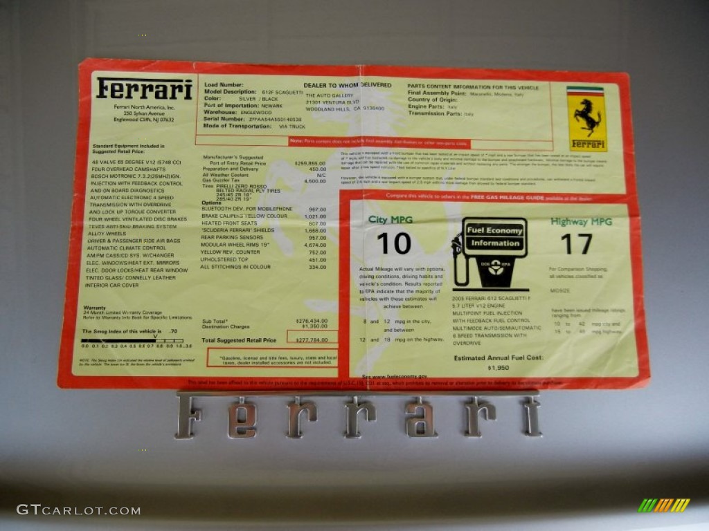 2005 Ferrari 612 Scaglietti F1A Window Sticker Photo #67662034