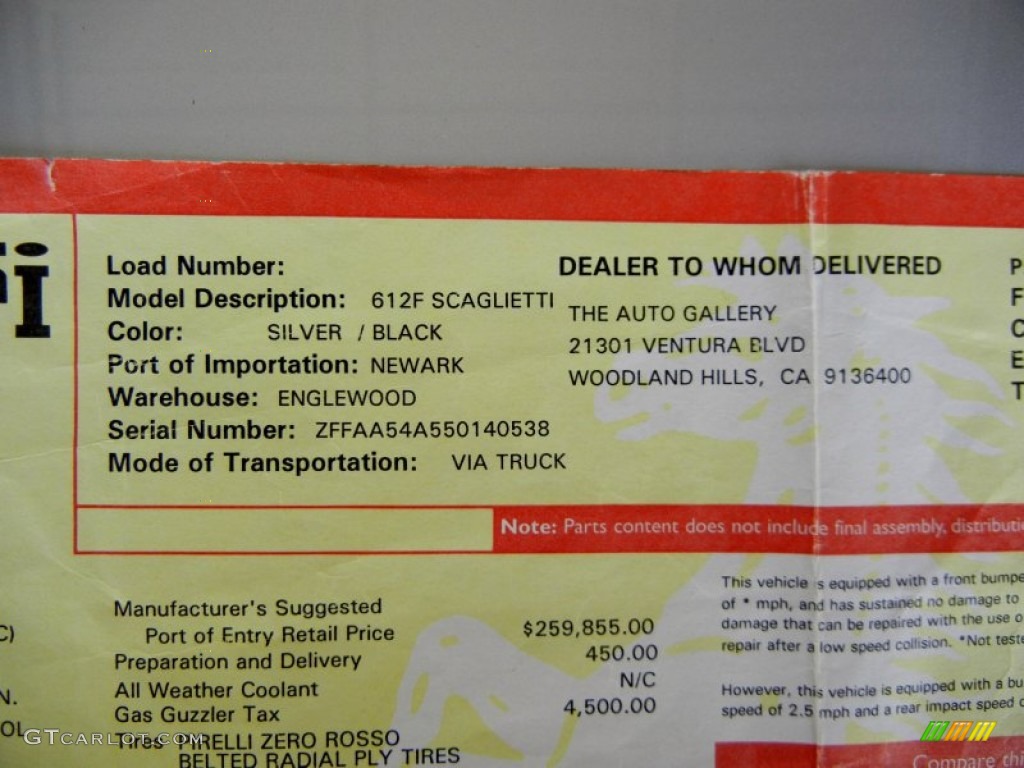 2005 Ferrari 612 Scaglietti F1A Window Sticker Photo #67662043