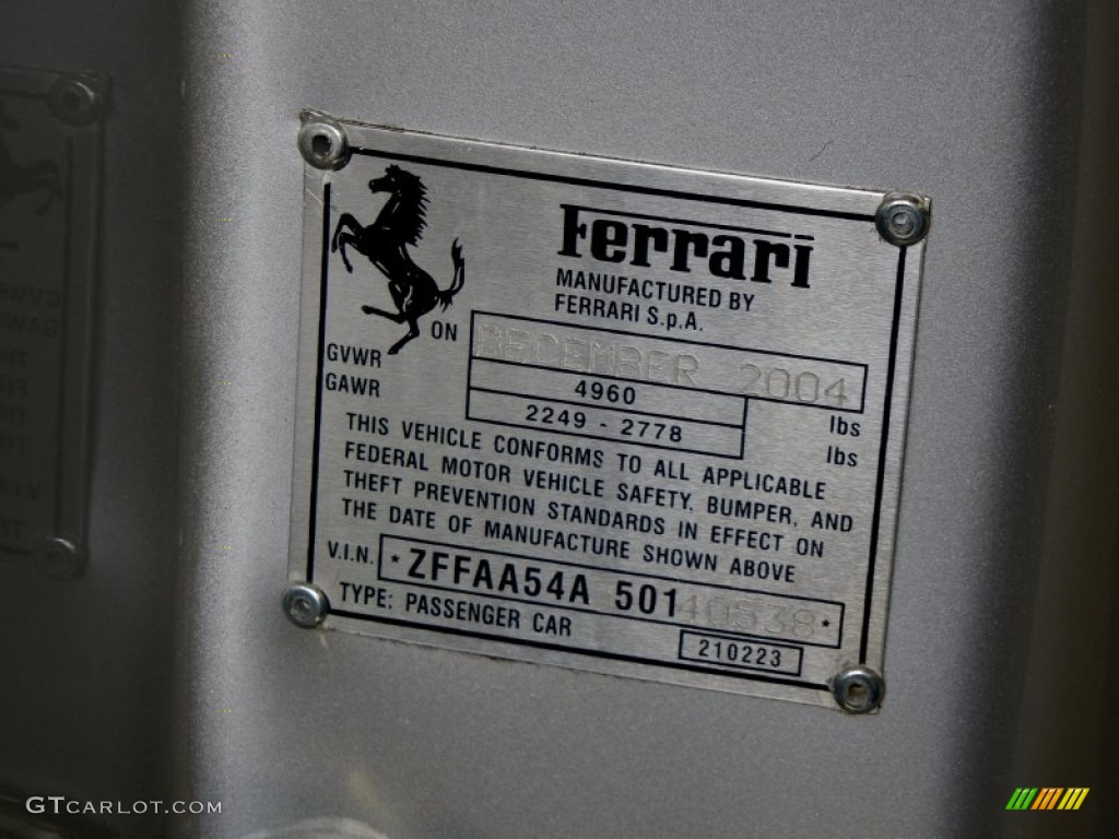 2005 Ferrari 612 Scaglietti F1A Info Tag Photo #67662103