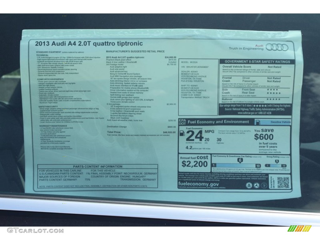 2013 Audi A4 2.0T quattro Sedan Window Sticker Photo #67662479