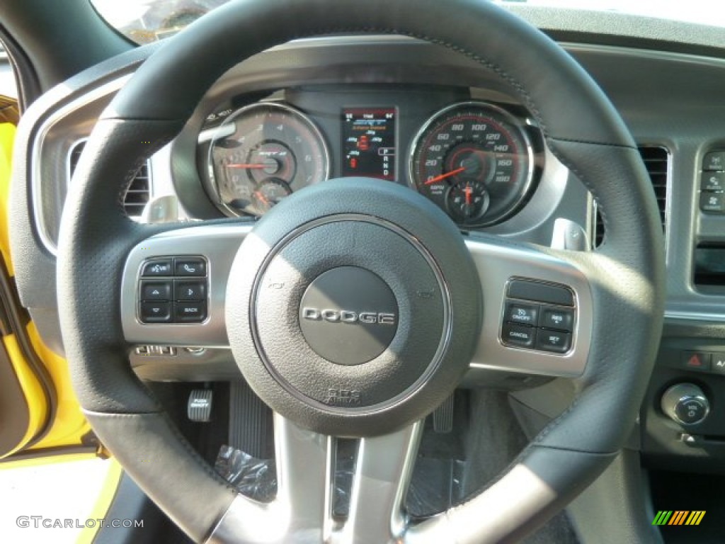 2012 Dodge Charger SRT8 Super Bee Black/Super Bee Stripes Steering Wheel Photo #67665352