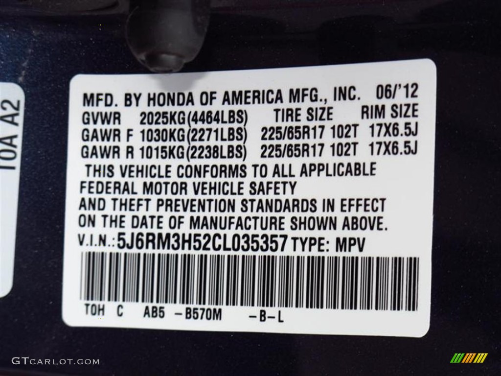 2012 CR-V Color Code B570M for Twilight Blue Metallic Photo #67674949