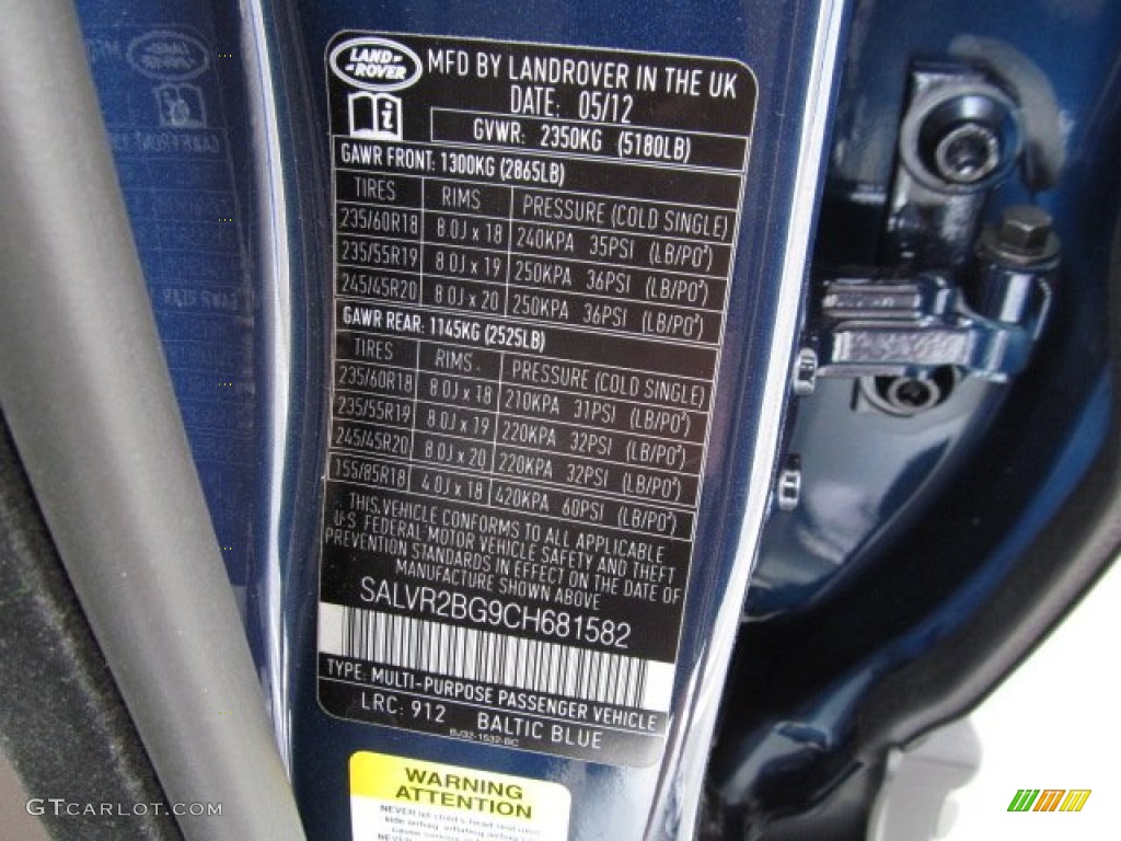 2012 Range Rover Evoque Color Code 912 for Baltic Blue Metallic Photo #67696287