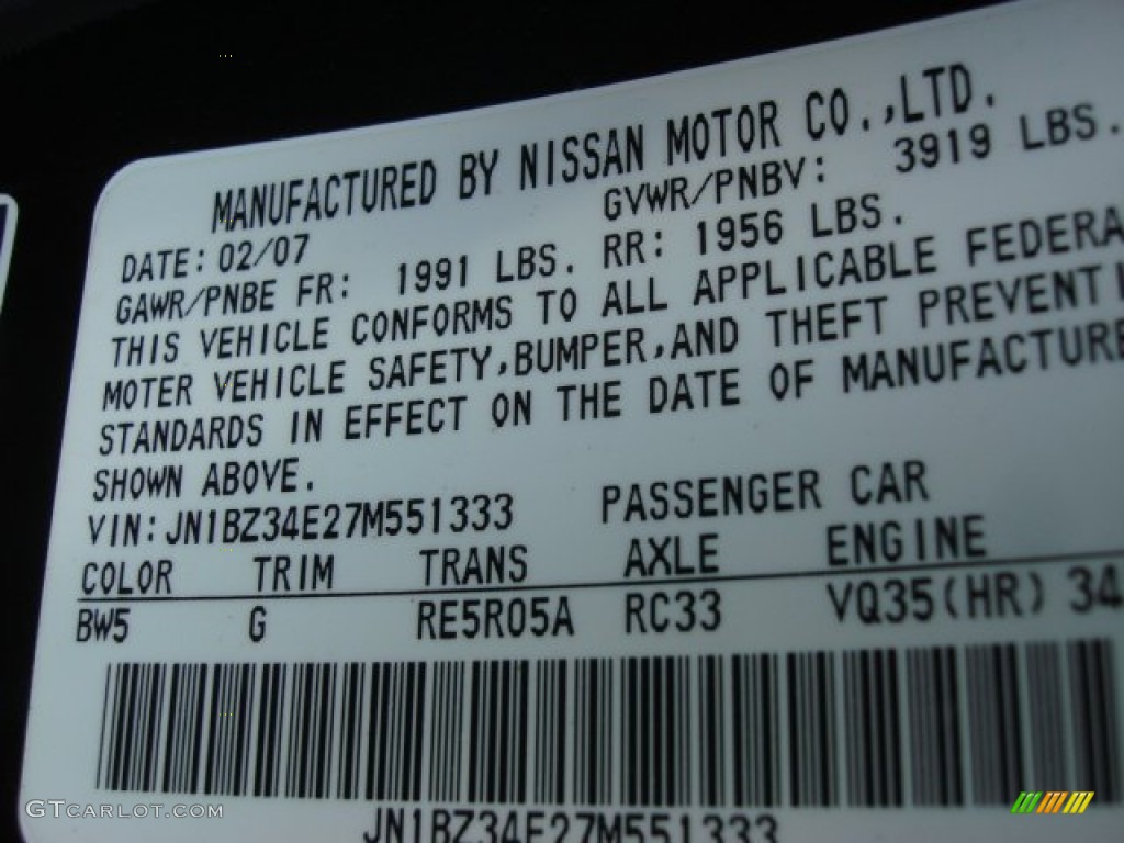 2007 350Z Color Code BW5 for San Marino Blue Pearl Photo #67732562