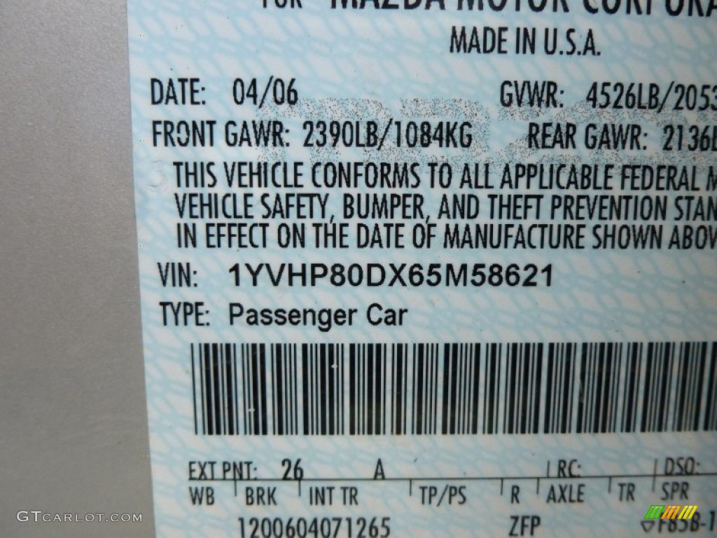 2006 MAZDA6 Color Code 26A for Glacier Silver Metallic Photo #67750574