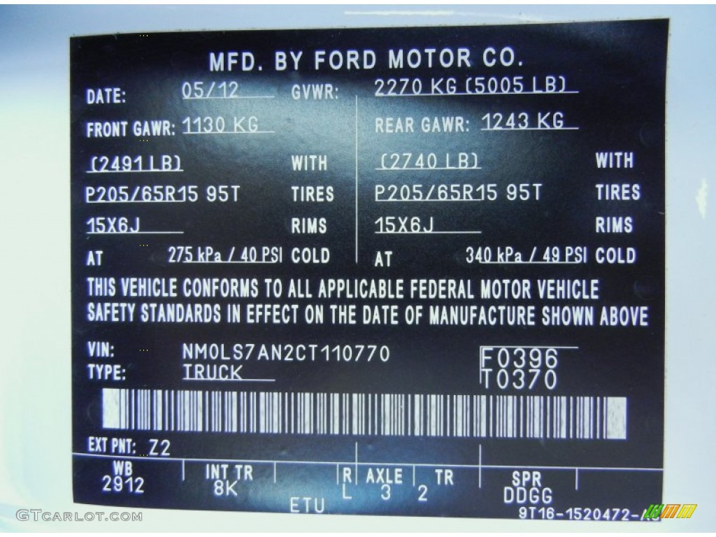 2012 Ford Transit Connect XL Van Color Code Photos