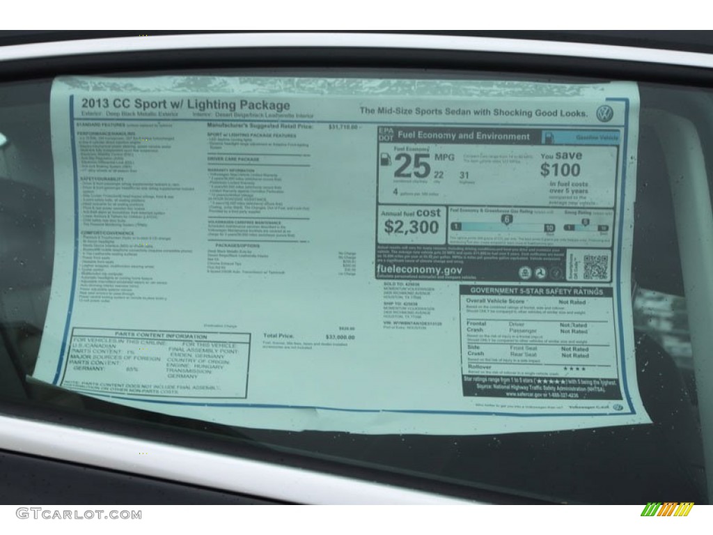 2013 Volkswagen CC Sport Window Sticker Photo #67765463