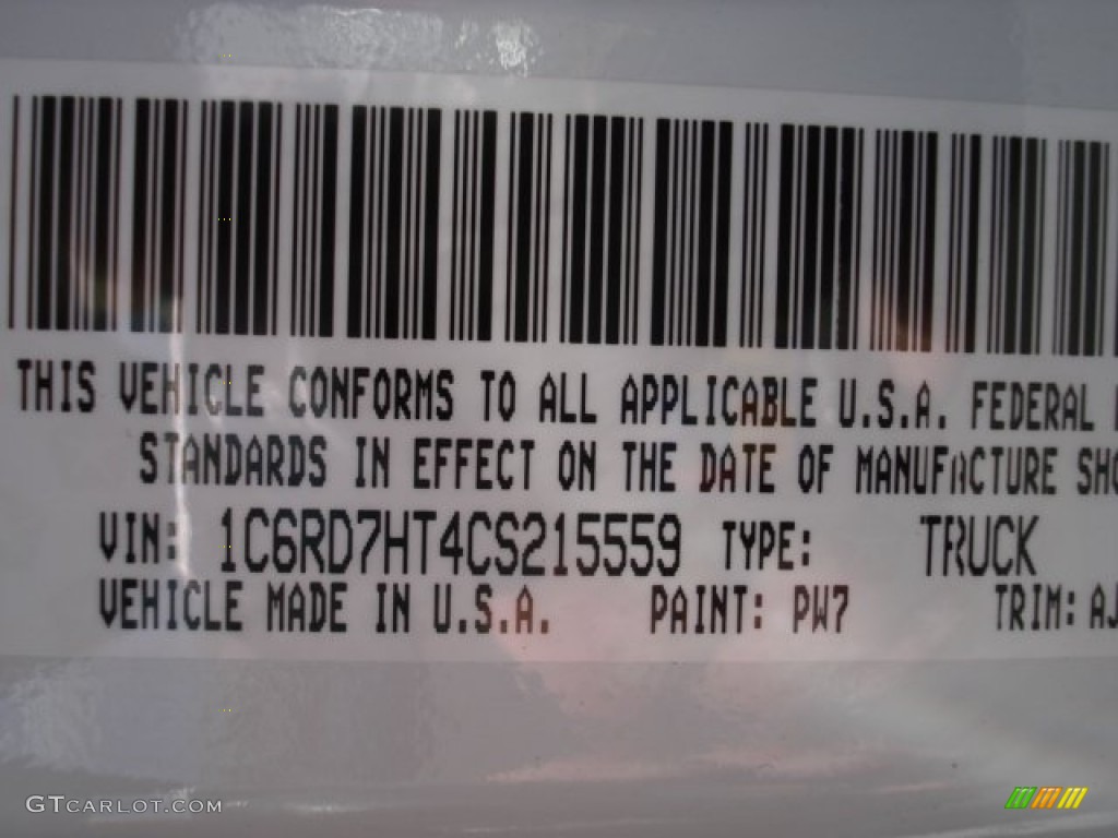 2012 Ram 1500 Color Code PW7 for Bright White Photo #67771488