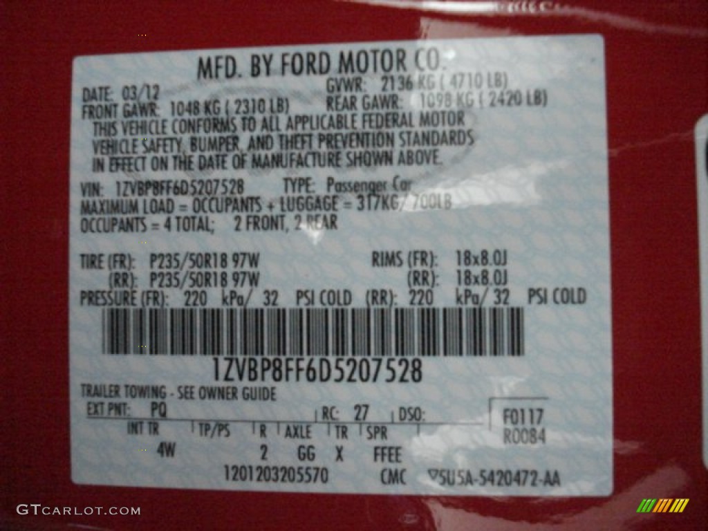 2013 Mustang Color Code PQ for Race Red Photo #67771926