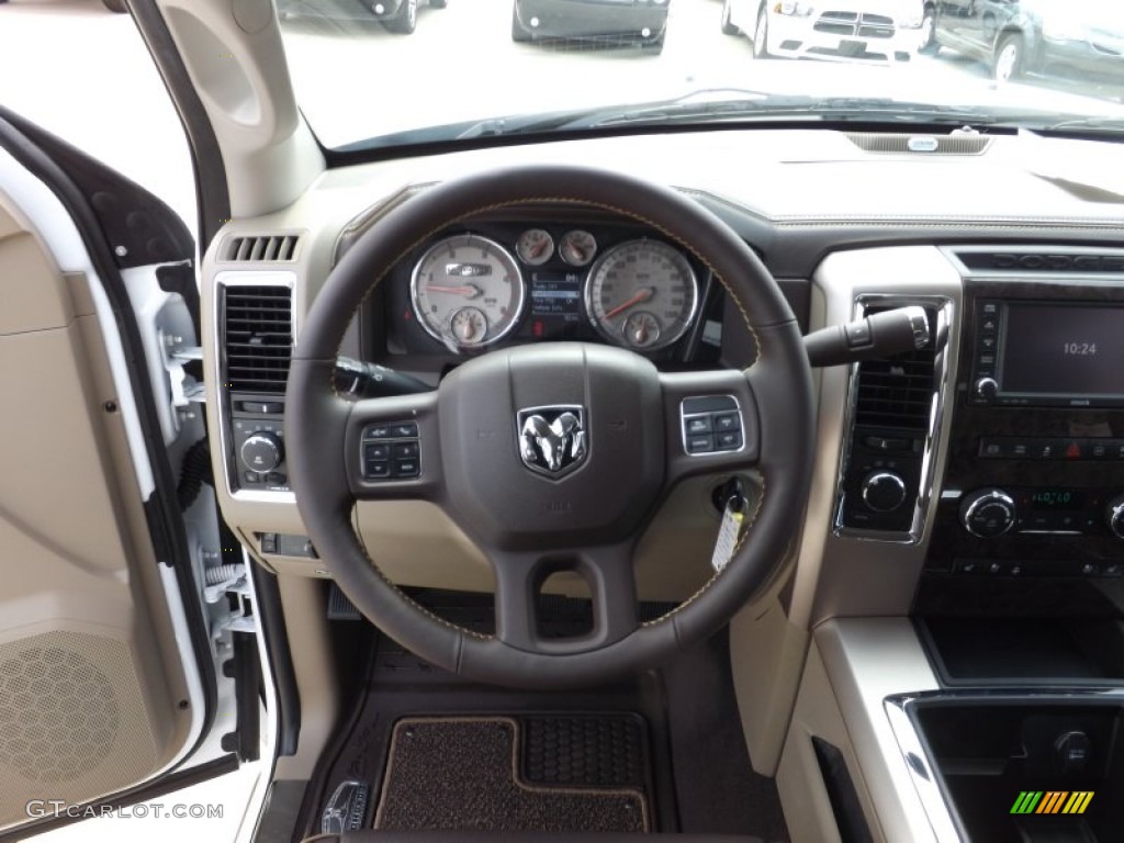 2012 Dodge Ram 2500 HD Laramie Longhorn Mega Cab 4x4 Light Pebble Beige/Bark Brown Steering Wheel Photo #67779619