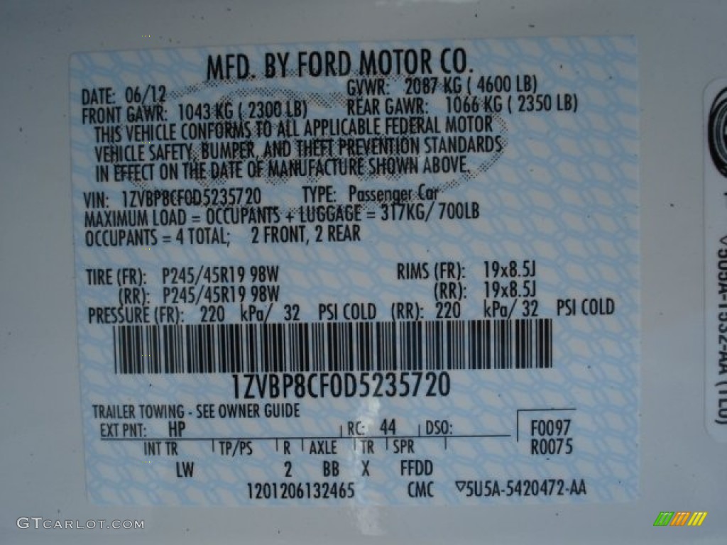 2013 Mustang Color Code HP for Performance White Photo #67793517