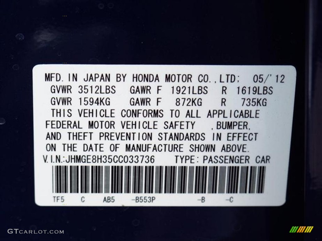 2012 Fit Color Code B553P for Vortex Blue Pearl Photo #67805205