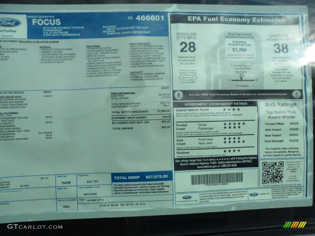 2012 Ford Focus Titanium 5-Door Window Sticker Photo #67813005